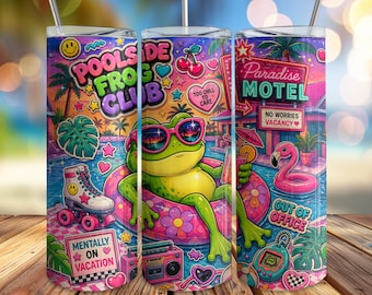 Poolside Frog Club Tumbler Wrap PNG, Neon Retro Summer Sublimation, Vacation Frog 20oz Skinny Tumbler, Out Of Office Wrap