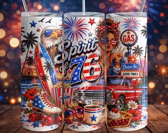 Spirit of 76 Tumbler Wrap PNG, Retro Americana 20oz Skinny Tumbler Design, Vintage Summer Patriotic Sublimation Download
