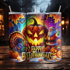 Happy Hallothanksmas 20 oz Skinny Tumbler Halloween PNG, Sublimation Design DIGITAL, Christmas png, Thanksgiving PNG, Funny Holiday Design