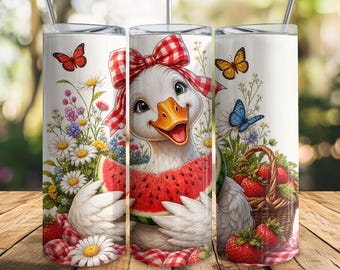 Watermelon Goose Club Tumbler Wrap PNG, Coquette Summer Goose Sublimation, Strawberry Picnic Goose, Cute Farmhouse 20oz Skinny Tumbler Wrap