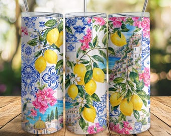 Amalfi Lemon Tumbler Wrap PNG, Italian Coastal Sublimation, Positano Citrus 20oz Skinny Tumbler, Mediterranean Summer Wrap