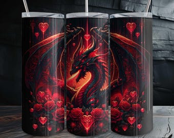 Dragon Art 20oz Skinny Tumbler Wrap Digital Download, Seamless Dragon Rose Wrap for 20oz Tumblers, Fantasy Dragon Tumbler PNG