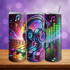 Vibrant Music-Themed 20oz Skinny Tumbler Design, Digital Download Seamless PNG, Sound Engineer DJ Headphones with Equalizer Background
