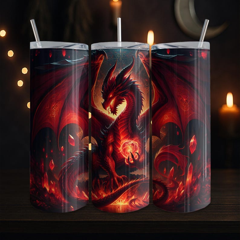Red Dragon Tumbler Wrap PNG – Gothic Fantasy Seamless Design for 20oz Skinny Tumbler, Fire Dragon Digital Art Download, Dark Mythical Wrap image 1