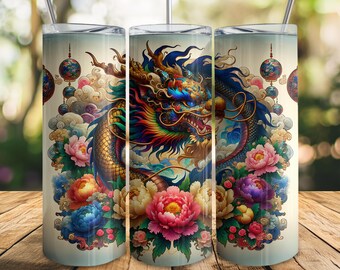 Dragon Floral Design 20oz Skinny Tumbler PNG, Digital Download, Seamless Tumbler Wrap, Colorful Dragon Tumbler Wrap, Instant Download