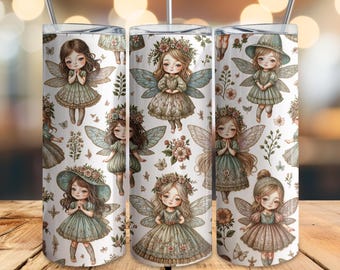Envoltorio para vaso de jardín de hadas caprichoso, sublimación PNG delgada de 20 oz, descarga digital de hadas de fantasía, lindo diseño de hadas florales sin costuras