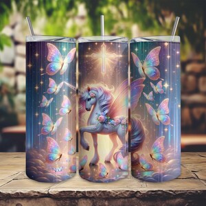 Magische eenhoorn en vlinders 20oz magere beker wrap, digitale download, naadloze png, Faith Cross Fantasy beker wrap ontwerp