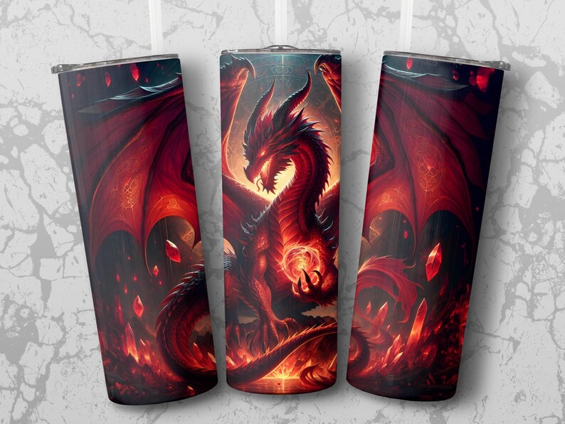 Red Dragon Tumbler Wrap PNG – Gothic Fantasy Seamless Design for 20oz Skinny Tumbler, Fire Dragon Digital Art Download, Dark Mythical Wrap image 5