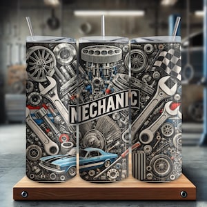 Mechanic car engine auto parts 20 oz skinny tumbler digital download PNG graphic for sublimation designs crafts printables seamless