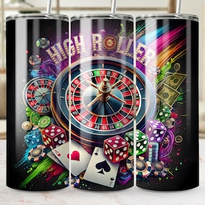 High Roller Casino Theme 20oz Skinny Tumbler Digital Download, Seamless PNG do sublimacji, Roulette Cards Dice Design