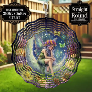 May include: A metal wind spinner with a swirling design featuring a fairy sitting on a crescent moon. The fairy has long blonde hair, a purple dress, and wings. The background is a dark blue with stars and flowers.