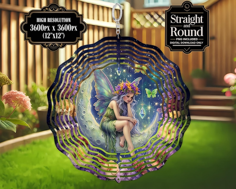 May include: A metal wind spinner with a swirling design featuring a fairy sitting on a crescent moon. The fairy has long blonde hair, a purple dress, and wings. The background is a dark blue with stars and flowers.