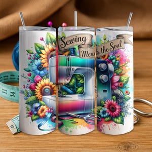 Sewing Mends the Soul Floral Seamless PNG Digital Download for 20oz Skinny Tumbler Wrap, Colorful Sewing Machine and Flowers Art