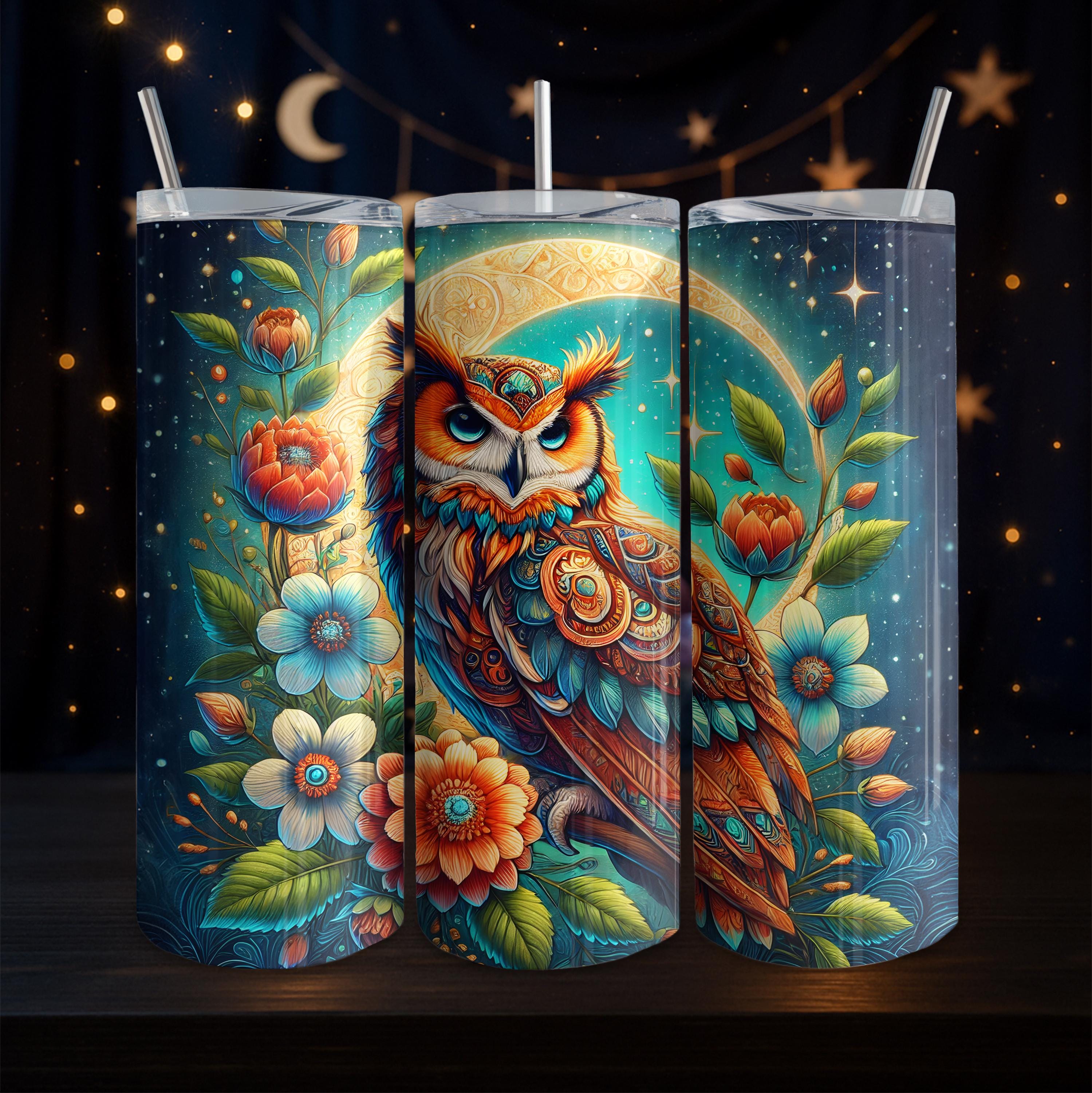 Owl and Moon Floral Fantasy 20oz Skinny Tumbler Wrap Digital Download PNG Mystical Wildlife Art for