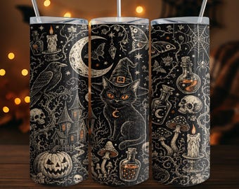 Witchy Black Cat Tumbler Wrap PNG 20oz Straight Skinny Sublimation Template, Gothic Halloween Design, Vintage Whimsigoth Fall Gift Idea