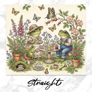 Whimsical Frog Tea Party Art, Cottagecore Toad Teatime Illustration, Vintage Garden Frogs, Botanical Foxglove Wild Rose Butterflies, Fairy