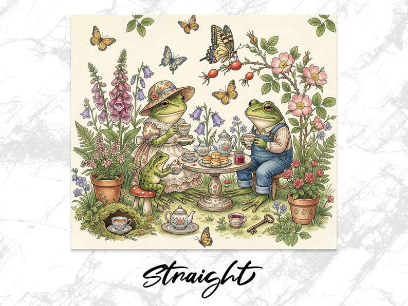 Whimsical Frog Tea Party Art, Cottagecore Toad Teatime Illustration, Vintage Garden Frogs, Botanical Foxglove Wild Rose Butterflies, Fairy