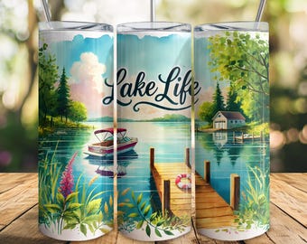 Lake Life Tumbler Design, The Lake is My Happy Place Tumbler Wrap, Sublimation Design, Digital Downloads, Skinny 20oz Tumbler Wrap