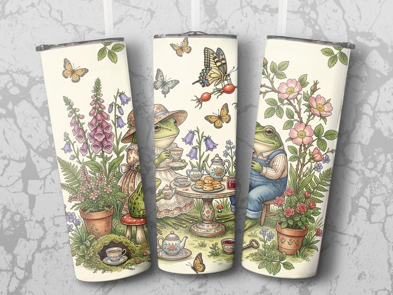 Whimsical Frog Tea Party, Cottagecore Frogs and Butterflies, Enchanted Garden Froggie Friends, Botanical Fairycore Design.
Frog Tea Party