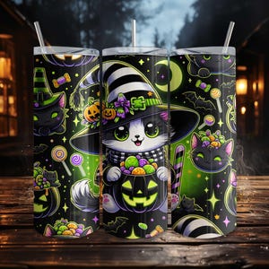 May include: Three black insulated tumblers with Halloween designs. Each features a black cat in a witch hat, holding a jack-o'-lantern filled with sweets. The tumblers have a straw and are decorated with bats, pumpkins, and sweets.