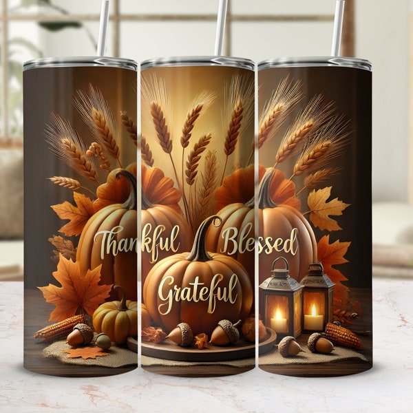 Thankful Grateful Blessed Tumbler Wrap, 20 oz Skinny Tumbler Sublimation Design, Pumpkins PNG, Thanksgiving Tumbler Wrap, Digital Download