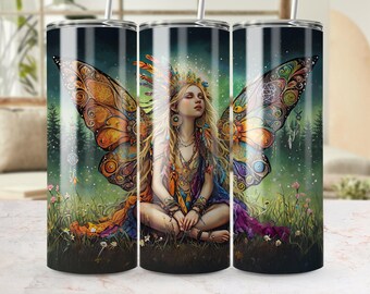 Envoltura para vaso con diseño de hada hippie y paisaje onírico, vaso delgado de 20 oz PNG, descarga digital de hada de fantasía, envoltura para vaso sin costuras