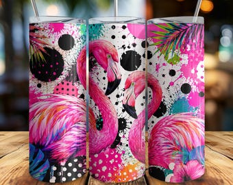 Pink Flamingo Tumbler Wrap PNG, Preppy Tropical Sublimation Design Black White Polka Dot Summer Wrap, Palm Beach Coastal 20oz Skinny Tumbler