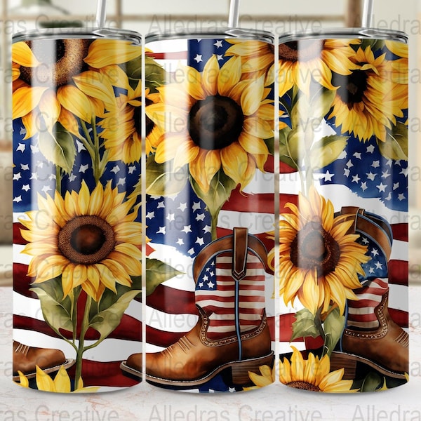 Rustic Americana Sunflower Tumbler Wrap 300dpi USA Flag Cowboy Boot Patriotic Decor Vintage Style 20oz Sublimation digital Download png only