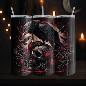 Gothic Crow Skull and Roses 20oz Skinny Tumbler Wrap Digital Download, Dark Art PNG, Halloween Seamless Tumbler Design