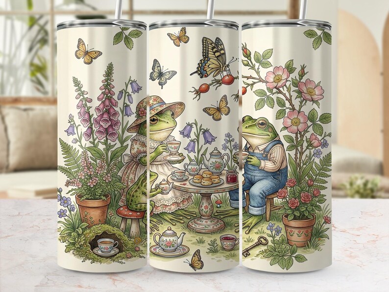 Frog Tea Party Whimsical Garden Art, Cottagecore Fairytale Frogs, Vintage Illustration, Botanical Butterflies, Amphibian Lover Gift
Frog tea