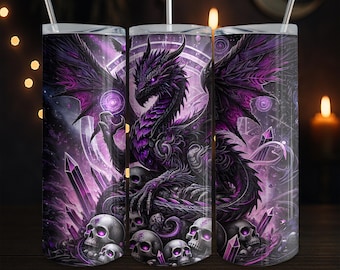 Dark Purple Dragon with Skulls PNG | Gothic Tumbler Wrap Design | Fantasy Dragon Digital Art Download