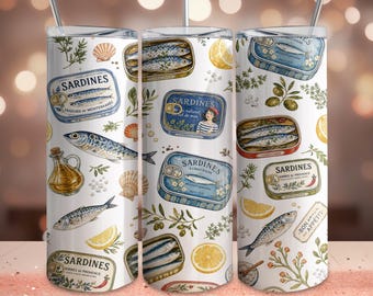 Sardines Tumbler Wrap PNG, Coastal Mediterranean Sublimation, Vintage Fish Tin Art, Seafood Lover 20oz Skinny Wrap