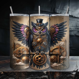 May include: Three stainless steel tumblers featuring a steampunk owl design. The owl is adorned with gears, a top hat, and purple and black wings. The background is sepia-toned with clouds and gears.