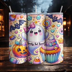 Gruselige aber süße Tumbler Wrap PNG, Pastell Halloween Geist Cupcake Candycorn Digitaler Download, 20 Unze Skinny Nahtlose Sublimation