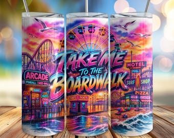 Boardwalk Tumbler Wrap PNG, Retro Airbrush Beach Vacation 20oz Skinny Tumbler Design, Neon Carnival Jersey Shore Boardwalk Digital Download