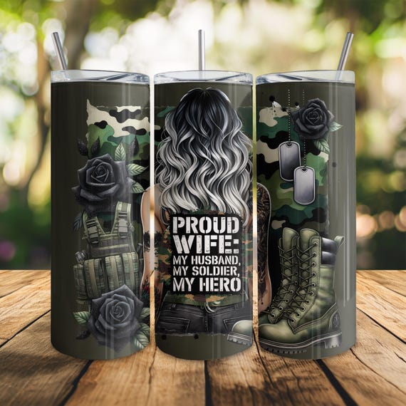 Military Wife Tumbler Wrap, Military Boots, Proud Patriotic Wife, US American Flag, 20 Oz Skinny Sublimation Tumbler Wrap Digital Design PNG