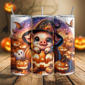 Piggy in a Pumpkin Halloween Pig Tumbler PNG, 20oz Skinny Tumbler Template, Witchy Pig, Pumpkin, Sublimation Design, Tumbler Wrap, Gift Idea
