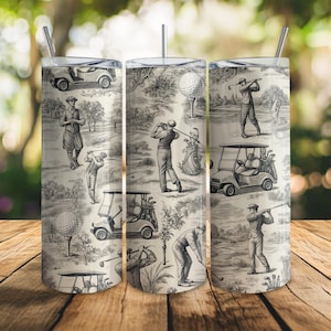 Vintage golf toile beker wrap – 20oz mager png-sublimatieontwerp – klassiek golfer cadeau, retro country club patroon digitale download