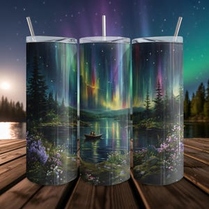 Northern Lights Lake 20oz Skinny Tumbler Wrap Digital Download Seamless PNG, Aurora Borealis Tumbler Print, Starry Night Scene Art