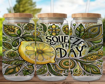 Bunte Zitrone Squeeze the Day 16 Unzen Glas kann Becher wickeln digitaler Download PNG Boho tropischen Design printable