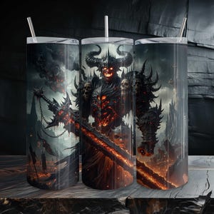 May include: Three stainless steel tumblers with a fantasy warrior design. The artwork features a dark warrior with a horned helmet, holding a flaming sword, set against a backdrop of a burning city and ominous clouds. Each tumbler has a silver straw.