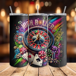 High Roller Casino Theme 20oz Skinny Tumbler Digital Download, Seamless PNG for Sublimation, Roulette Cards Dice Design