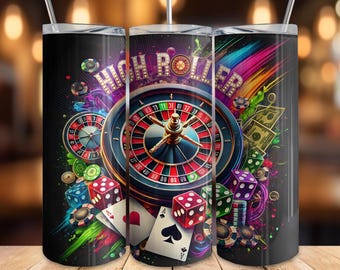 High Roller Casino Theme 20oz Skinny Tumbler Digital Download, Seamless PNG for Sublimation, Roulette Cards Dice Design