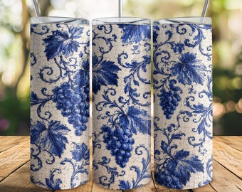 Porcelain Vineyard Tumbler Wrap PNG, Faux Blue White Ceramic Grapes, Vintage Crackle Glaze Effect, Winery 20oz Skinny Sublimation