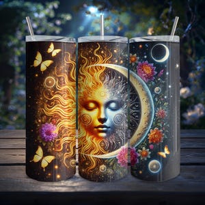 Vaso delgado de 20 oz con diseño de mariposa floral y místico, descarga digital, diseño PNG sin costuras, diseño de sol y luna celestiales