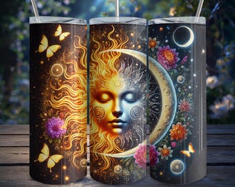 Vaso delgado de 20 oz con diseño de mariposa floral y místico, descarga digital, diseño PNG sin costuras, diseño de sol y luna celestiales