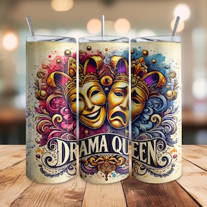 Theater Masks Drama Queen and Tragedy Watercolor 20oz Skinny Tumbler Digital Download Seamless PNG Colorful Floral Design Tumbler Wrap