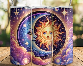 Arte digital de sol y luna, diseño celestial mágico para vaso delgado de 20 oz, cosmos místico imprimible, descarga digital PNG únicamente.