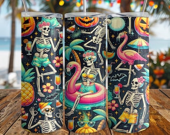 Summerween Skeleton Party Tumbler Wrap, Funny Halloween Beach Skeletons 20oz Skinny Tumbler PNG, Tropical Halloween Digital Download