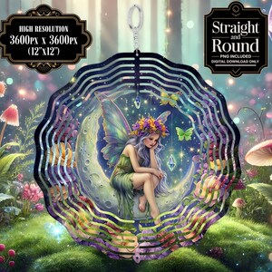 May include: A metal wind spinner with a layered design featuring a fairy sitting on a crescent moon. The fairy has long, flowing hair and is wearing a floral crown. The background is a whimsical forest scene with flowers and mushrooms.